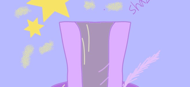 A purple top hat with a wand and stars
