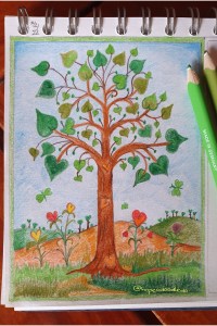 Doodles a tree with hearts as leaves